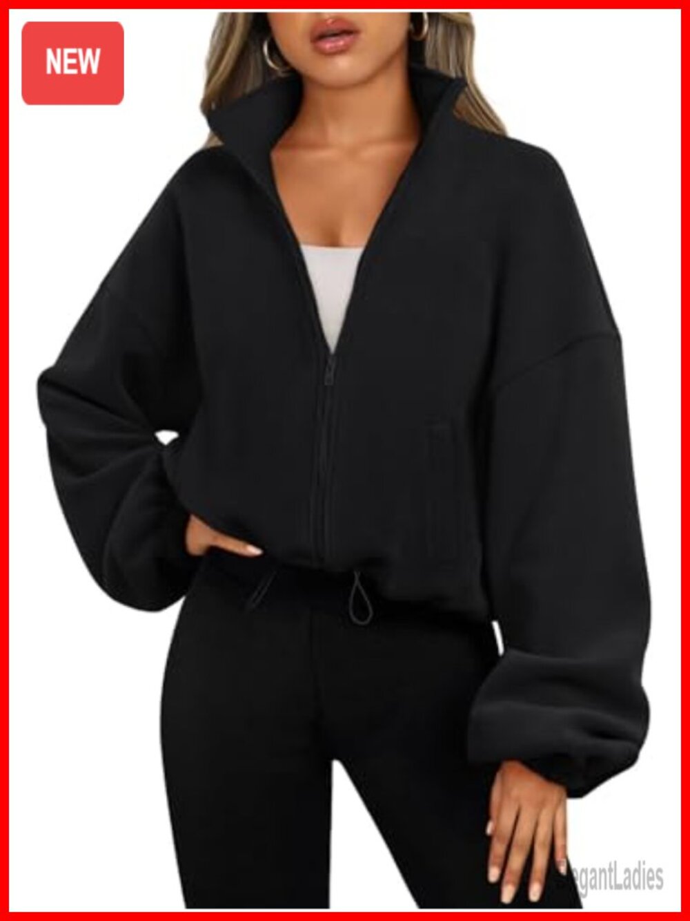 Womens Oversized Cropped Fleece Jacket Zip Up Long Sleeve Sweatshirt